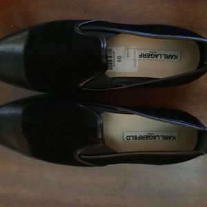 Black leather Karl Lagerfield loafers, worn one time size 8, loafer style